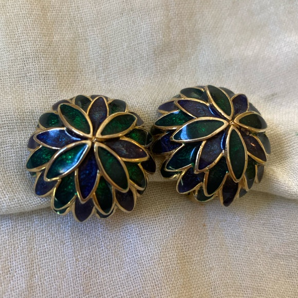 Erwin Pearl Blue & Green Enameled Vintage Clip on‎ Earrings - Picture 4 of 8